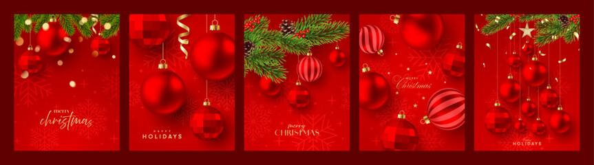 Christmas greeting card set, holidays posters, red baubles