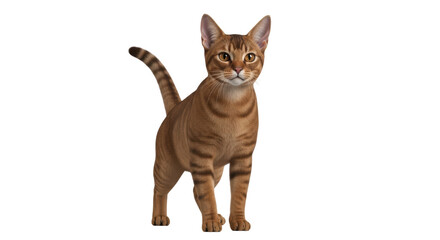 Isolated cat with upright tail stands on its paws and stares ahead alertly, watchful