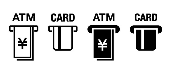 シンプルなATM、クレカ、キャッシュカード、現金のベクター白黒ピクトグラムアイコンセット