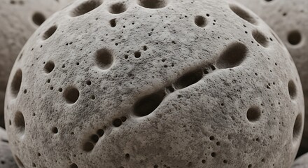 Close-up of a textured, spherical object with numerous small holes and a prominent, elongated indentation resembling a crack or fissure.  The surface appears rough and possibly porous