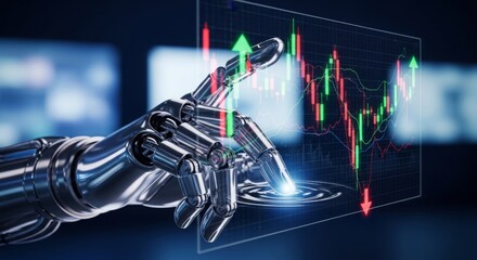 Futuristic AI trading with robotic hand analyzing stock market data and predicting trends for smart investment decisions in a digital age