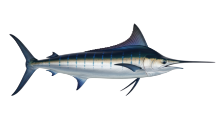 Isolated Striped Marlin Swimming, Marine Predator, Blue Color Fish with Sword Nose Animal