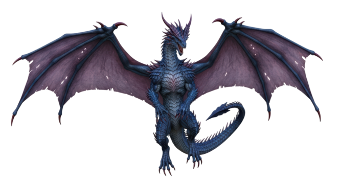 Isolated Fantasy Creature Winged Dragon Standing Proud Aggressive Pose Blue Purple Render