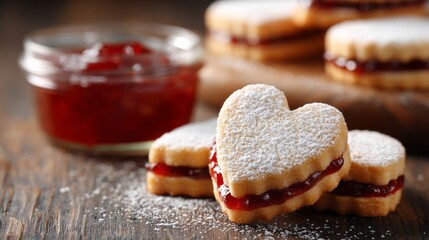 Heart-shaped cookies with jam filling and powdered sugar on rustic wooden table. heart-shaped Linzer cookies dusted with powdered sugar and filled with red jam, concept of homemade dessert