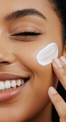 Skincare Routine: Beautiful Dark-Skinned Woman with White Cream Swatch