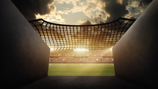3D football stadium tunnel entrance with sunset view of field. Concept of player perspective, anticipation, big game energy, and promotional sports campaigns.