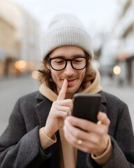 
Deaf person communicating on smartphone using sign language app, modern urban background