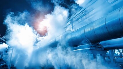 Medium shot focusing on insulated highefficiency boiler pipes and steam valves emphasizing energy conservation and safety in largescale steam generation.