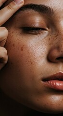 Intimate Close-Up of Woman's Face with Natural Freckles and Textured Skin