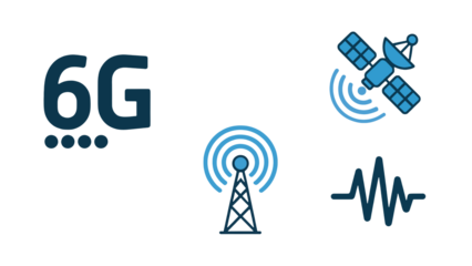 Next generation 6G technology icons show satellite, tower, and waveform