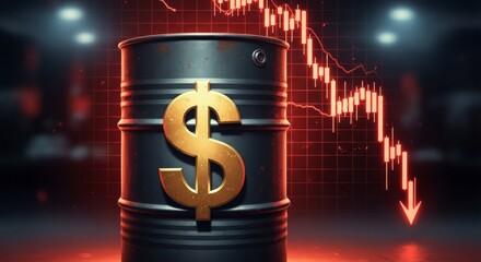 Urgent financial crisis warning with golden dollar sign on oil drum and falling stock chart, ideal for energy and investment risks