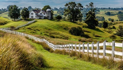 Obraz premium A serene rural landscape showcasing a white farmhouse nestled amongst rolling hills and a winding white picket fence.