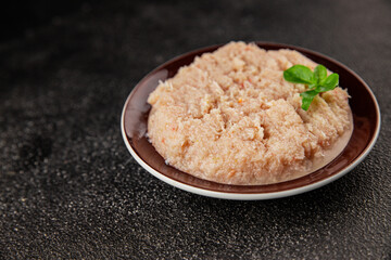 Canned crab meat seafood natural product tasty snack fresh delicious gourmet food background on the table rustic top view copy space pescetarian diet