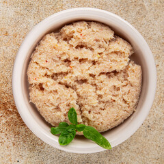 Canned crab meat seafood natural product tasty snack fresh delicious gourmet food background on the table rustic top view copy space pescetarian diet