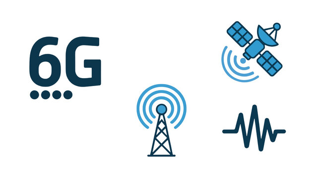 Next generation 6G technology icons show satellite, tower, and waveform