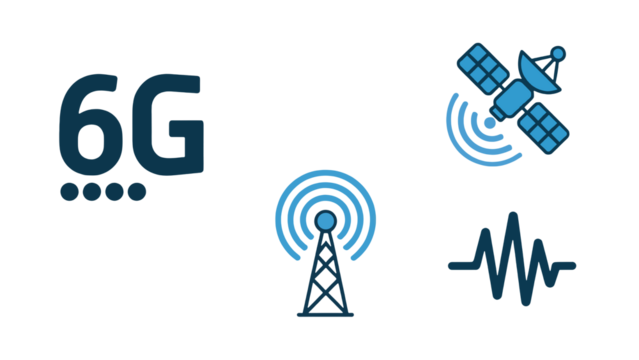Next generation 6G technology icons show satellite, tower, and waveform