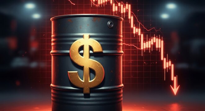 Urgent financial crisis warning with golden dollar sign on oil drum and falling stock chart, ideal for energy and investment risks
