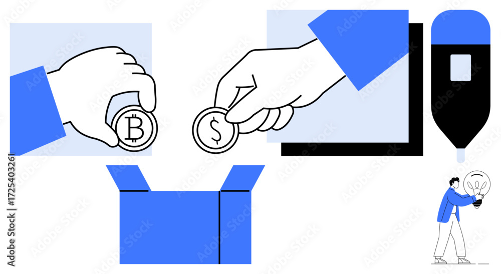Poster hands holding bitcoin and dollar coins drop them into a box. person carries a lightbulb symbolizing 
