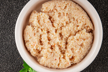 Canned crab meat seafood natural product tasty snack fresh delicious gourmet food background on the table rustic top view copy space pescetarian diet