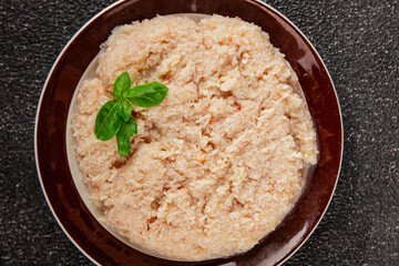 Canned crab meat seafood natural product tasty snack fresh delicious gourmet food background on the table rustic top view copy space pescetarian diet