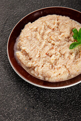 Canned crab meat seafood natural product tasty snack fresh delicious gourmet food background on the table rustic top view copy space pescetarian diet