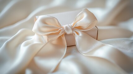 Elegant cream gift box with satin ribbon bow on silk fabric