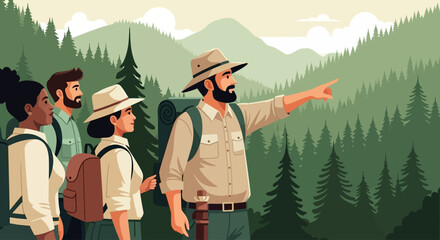 A group of hikers enjoying a scenic mountain vista, led by a knowledgeable guide.