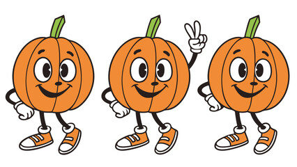 Three cute orange pumpkin characters are standing happily and making a peace sign on white