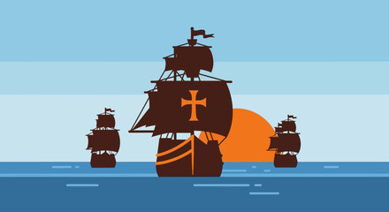 A fleet of three majestic sailing ships with large sails, one prominently featuring a cross emblem, navigates calm blue waters under a warm orange sunset.