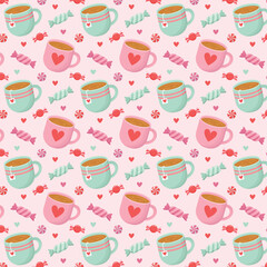 Cute seamless pattern with candies, tea cups and hearts. Colourful sweets vector illustration. 