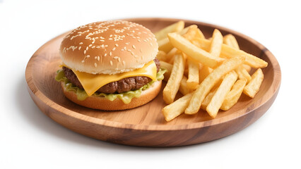 Cheeseburger with fries on wooden plate