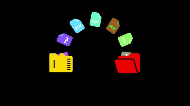 Digital document transfer concept animated graphic showing P D F files moving from a yellow folder to a red folder on black background data organization and file management