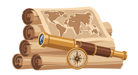 Illustration featuring a stack of rolled parchment maps, a brass telescope, and a compass, evoking themes of exploration and discovery.