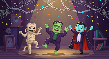 Three cartoon monsters mummy frankenstein and vampire dancing at a halloween party