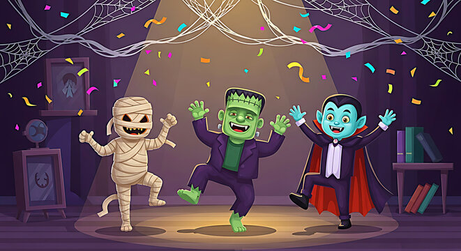 Three cartoon monsters mummy frankenstein and vampire dancing at a halloween party