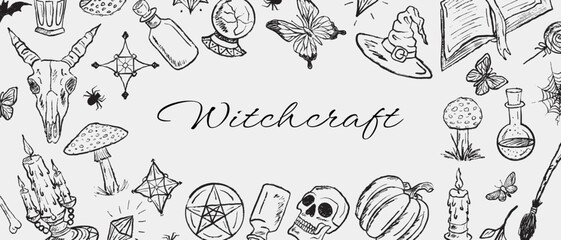 Witchcraft banner frame design with witch equipment. Vector vintage hand drawn sketches. Goat skull, potion bottles, amanita mushroom, pumpkin. Halloween background