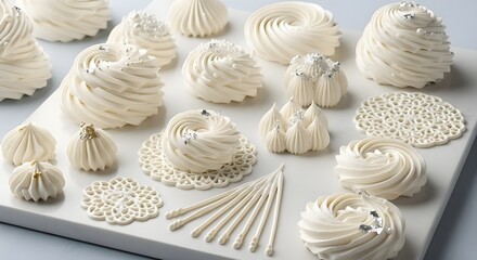 Elegant White Meringues Product Shot with Various Shapes and Silver Sprinkles