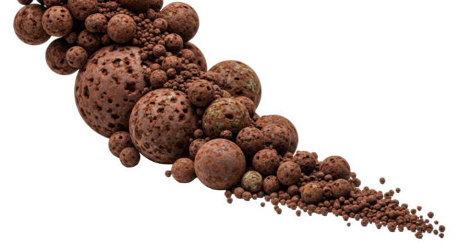 Heavy oxidized copper spheres & fragments cascade on white, displaying deep red-brown patinas, cracks, rough matte texture. Photorealistic macro studio still life, copy space. Concept of aged