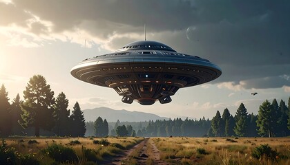 Fototapeta premium UFO over a rural landscape
