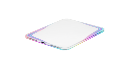 An ultra-thin, pristine, translucent digital data-slate with glowing, iridescent border, floating centrally on a transparent studio background with subtle shadow. Concept of futuristic technology