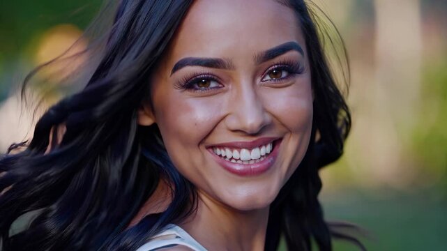 The woman with long hair stands amidst a garden, the hair gently blowing in the breeze. Soft light highlights the woman's hair as she enjoys the garden atmosphere.