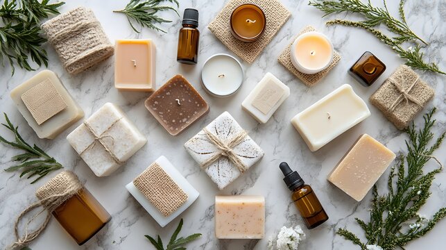 Spa Products Flatlay: Handmade Soap, Candles, Essential Oils - Powered by Adobe