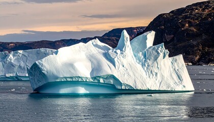 Majestic iceberg floats in serene arctic waters, bathed in sunset glow