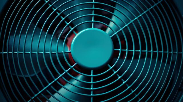 Electric fan close up featuring blue metal grill with circular patterns, ventilation, and cool lighting creating industrial design effect