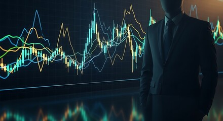 Professional businessman confidently analyzing dynamic stock market charts on a futuristic digital display, symbolizing financial success and strategic planning.