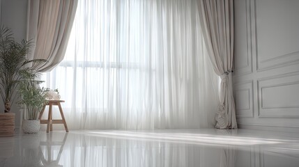 Bright, sunlit interior room with sheer curtains and plants.