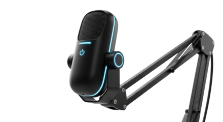 Cutting-edge, futuristic voice interface microphone with matte black composite body and neon blue LED, on a carbon fiber arm, isolated on a transparent background, concept of advanced AI technology