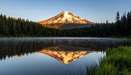 Majestic mountain mirrored in tranquil lake at sunrise
