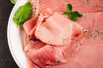 Ham spam pork prosciutto cotto natural product tasty snack fresh delicious gourmet food background on the table rustic top view copy space