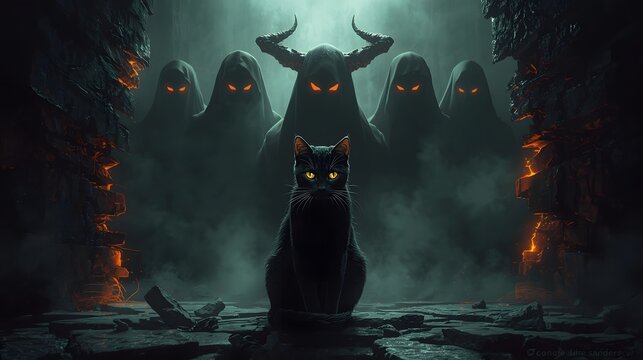 Cinematic digital illustration of a black cat with glowing yellow eyes sitting in a dark fantasy environment, surrounded by mysterious hooded figures with red eyes. Perfect for concepts of mystery, ma